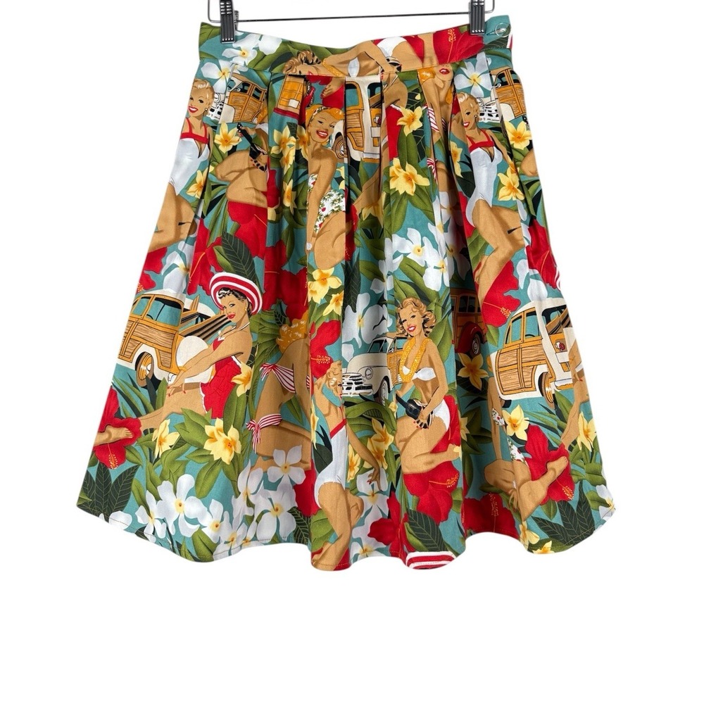 Grace Karin Skirt Pin Up Girl Floral Island Hawaii Print Pleated Pockets Women M